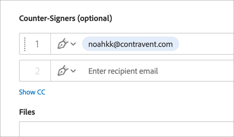 a screenshot of two fields for adding counter-signers