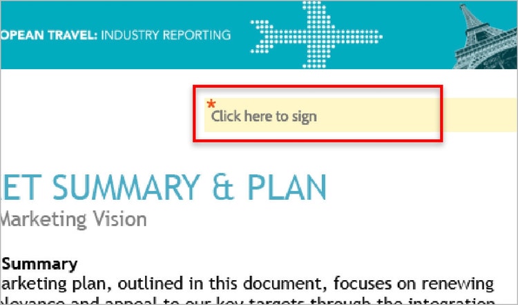 Screenshot of a document with a "Click here to sign" field in the upper right corner, marked up by a red box.