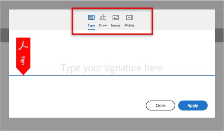 Screenshot of a pop-up window with an Acrobat signature field and a red box around the top bar menu that shows Type, Draw, Image, and Mobile as available options.