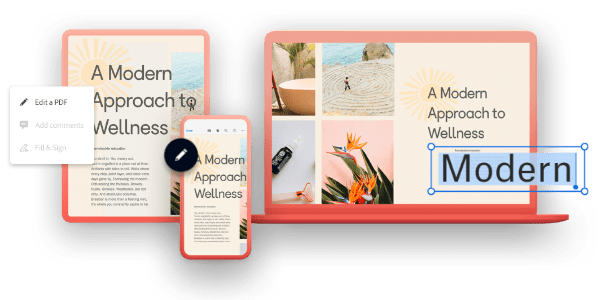 A PDF document on a tablet, mobile, and desktop advice, with pop ups showing the option to edit a PDF, Picture